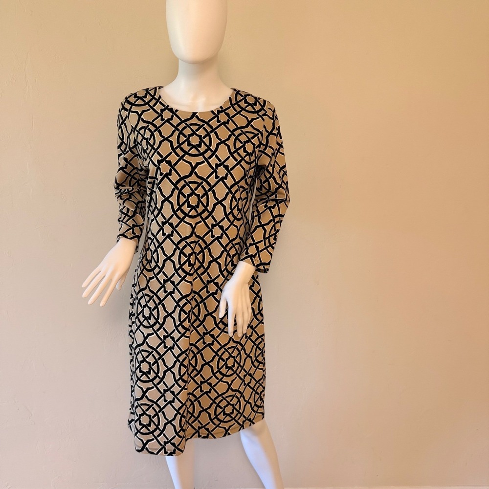 J. McLaughlin Womens Tan Black Geometric Trellis Sheath Dress Size M 3/4 Sleeve